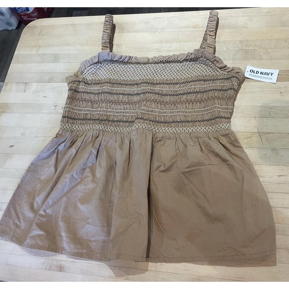 New Old Navy Women’s Brown Sleeveless Smocked Embroidered Babydoll Tank Top M
